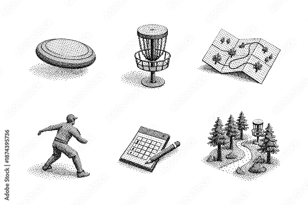 Vintage dot style disc golf elements with frisbee, course map, and ...