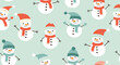 © Earlene - Festive seamless pattern featuring cute snowmen wearing red and green hats and scarves on a light mint green background for winter holidays.