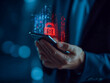 © Mikhail Vorobev - Businessperson holding smartphone with digital lock symbol representing cybersecurity data protection and mobile device security concept at night