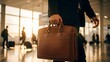© Artfinity - Close up of businessman carrying leather briefcase. Professional work and travel. Man in suit holding brown bag walking through airport terminal during sunset
