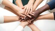 © Shohidul - Diverse hands joined in support against white background With shadow. AI GENERATED.