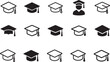 © Mst.Atina - Minimalist line art graduation cap icon set in vector style for education, school, university, and UI design.