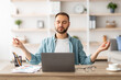 © Prostock-studio - Workplace stress management. Calm Caucasian man meditating with closed eyes in front of laptop pc at home office. Young male freelancer feeling peaceful and balanced, doing yoga at his desk
