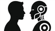 © Tanver - Human vs Robot facing silhouette vector. Artificial Intelligence concept showing man and cyborg profile. Future technology, automation, AI interaction and digital evolution icon design.