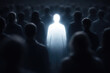 © Andbiz - A bright luminous figure stands out among the dark, faceless crowd.