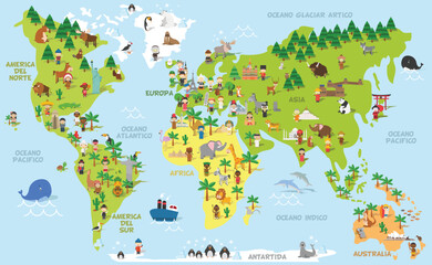  Illustrated Cartoon World Map for Kids. Educational Vector Map with Diverse People, Animals, Landmarks, and Oceans. Colorful Geography Poster for Children with Global Cultural Icons
