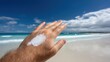 © dmmarychev - Man with white sunblock cream on hand at the seaside beach