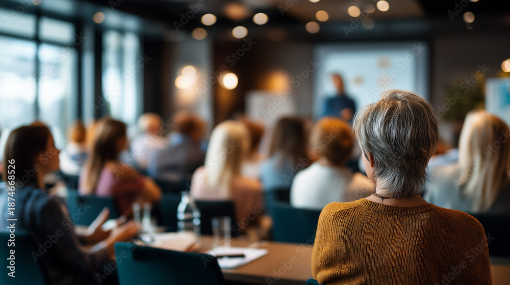 Defocused audience listening attentively to presenter in modern conference room, blurred corporate seminar scene, with copy space