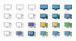 © Karim - Collection of computer monitor and desktop PC icons, presented in various styles including outline, glyph, and filled colorful versions, representing technology and digital display screens, ideal for