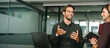 © Stock 4 You - Young real estate manager worker man talking with bank client in office. Business meeting busy of entrepreneur professional people discussing financial planning trade strategy. Web banner, copy space