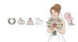 © Amir - Charming vector cartoon illustration of a bride holding a beautiful bouquet of roses and lilies, symbolizing love and commitment, with wedding icons like rings, cake, and a dove, perfect for wedding