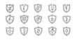 © Amir - Collection of fifteen unique line art shield icons, featuring both intact and broken designs with various internal patterns, presented as outline vector graphics for versatile use in digital and