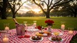 © FAJAR - A romantic sunset picnic with champagne, cheese, and strawberries on a checkered blanket under old oak trees.