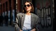 © Risfat - Confident young woman wearing stylish sunglasses and plaid blazer in urban setting