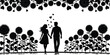 © MstMaher - Romantic couple silhouette vector illustration holding hands among flowers with floating hearts, love relationship garden scene design isolated on white background
