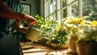 © Wasun - Man watering plants by bright window with natural sunlight, nurturing indoor greenery with metal watering can, creating peaceful and refreshing atmosphere