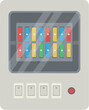 © Wahyu - Industrial control panel with colorful fuses white toggle switches and a red button.