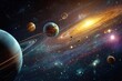 © ida - Space scene showcasing planets orbiting a glowing galaxy in a vast, dark expanse
