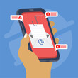 © AlHanif - Mobile phishing attack illustration showing fake email message, warning alerts, and cyber threat icons on smartphone screen. Representing scam, fraud, hacking risk, and digital security awareness