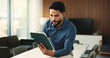 © OnPoint/peopleimages.com - Typing, tablet and business man in office for finance review, investment and trading analyst. Professional, financial advisor and person on digital tech for stock market trends, research and profit