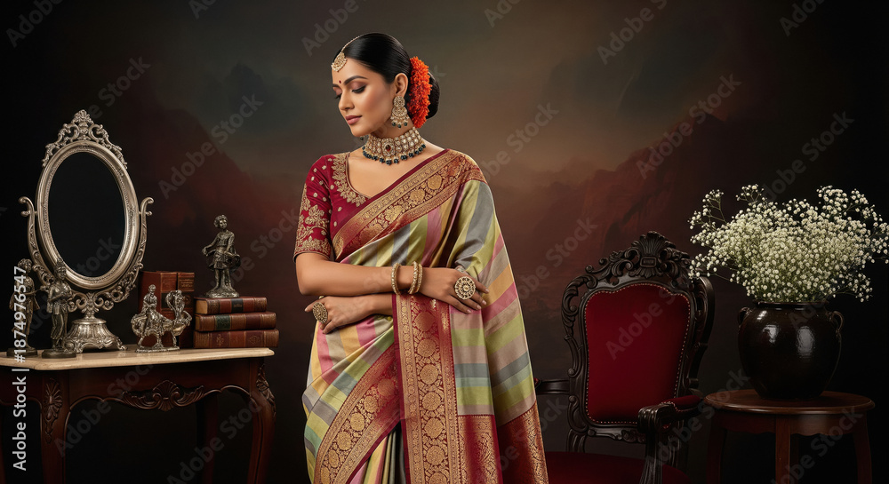 Elegant Indian Woman in Traditional Silk Saree and Gold Jewelry Stock ...