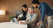 © OnPoint/peopleimages.com - Laptop, meeting and manager with business people in office for finance report with budget plan. Computer, feedback and financial advisors with investor for investment proposal with deal in workplace.