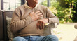 © OnPoint/peopleimages.com - Hands, senior man and chest pain at house from cardiac attack, heart failure and hypertension. Discomfort, elderly person or symptoms of asthma, breathing issues and backyard with respiratory illness