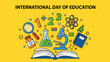 © PDWN Creative - Vibrant vector illustration of educational elements and science equipment on a bright yellow background for International Day of Education