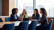 © Николай Срибяник - Diverse group of female business leaders in a modern boardroom meeting discussing strategy with a tablet by a large window.