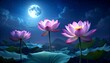 © Pertamax - Three blooming pink lotuses beneath a bright full moon at night