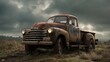 © Sergey - old diesel pickup truck covered in mud, rural countryside, cloudy sky, working vehicle mood, worn paint, cinematic realism