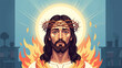 © cuping - A pixelated portrait of Jesus Christ wearing a crown of thorns, with flames and a halo