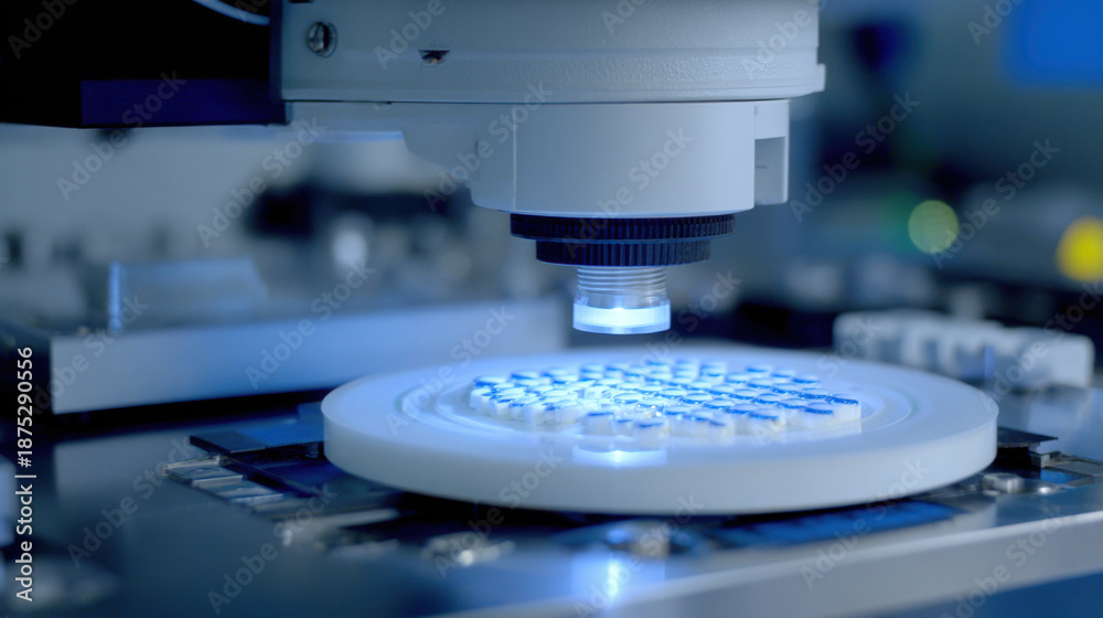Semiconductor Optical Microscope High tech microscope examining semiconductor wafer under ultraviolet ...