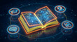 © solom - Modern digital education and online learning concept with a glowing neon book and interconnected icons for artificial intelligence science knowledge and global electronic research