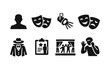 © Alex - Set of black theater and performance icons including drama masks, actor silhouette, costume, spotlight, audition clipboard, stage curtains, and mime