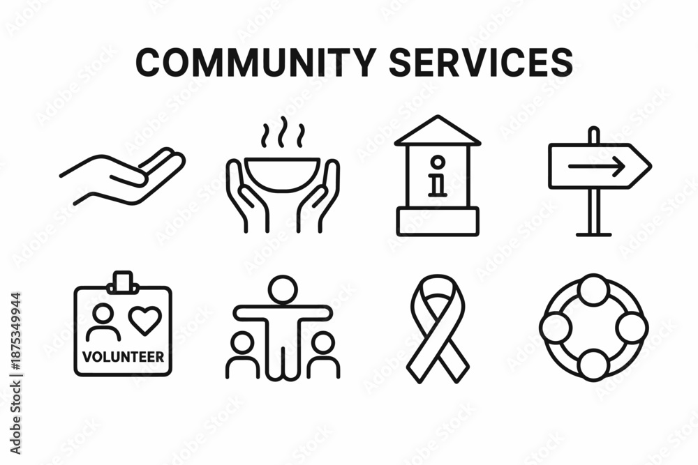Community Support Icons. Community Services set in outline vector style: helping hand, shared meal bowl, information kiosk, guidance arrow, volunteer badge, outreach icon, support ribbon, unity circle