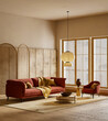 © Salih - Warm modern japandi living room with terracotta sofa, natural wood wall and soft light creating a cozy and elegant home interior scene. 3D illustration