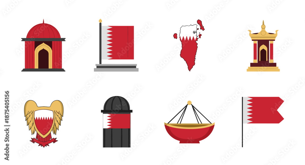 Bahrain national symbols and landmarks collection with flag and map ...