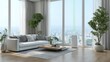 © Pannee - Modern Bright Living Room with City View Featuring Sofa, Plants, Coffee Table, and Large Windows in Urban Environment