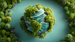 © suldev - Planet earth on green background green continents made from tree crown clear azure water ecological survival concept