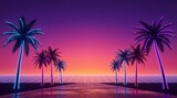 Neon palm trees with vivid synthwave gradient sky. Retro aesthetic design background for electronic music event promotion