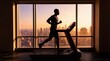 © crispy - Man running on treadmill in gymnasium with city skyline in background at sunset. Fitness and healthy lifestyle concept