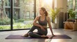 © crispy - Woman doing yoga on mat in sunny room with pilates chair. Fitness and healthy lifestyle for active living. Mindfulness and exercise practice at home gym