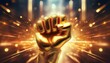 © Kerry - golden fist symbol with bright light and blurred background of structures and lights on each side