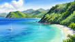 © Beny Qurdy - Beautiful watercolor illustration of a tropical bay with sailboats and lush green hills