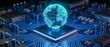 © Budi - Globe on chip. Global digital network hologram on computer microchip processor motherboard for artificial intelligence technology and international cloud data communication system, Widescreen