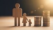 © Artfinity - Family financial planning and savings growth. Wealth protection and generational stability. Wooden family figures standing next to rising stacks of gold coins