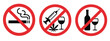 © WelcomeJune - Sign prohibition vector illustration showing forbidden drugs, no smoking, no vaping, and no alcohol in red crossed circle, perfect for public areas, restricted zones, safety signage