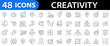 © vectorsanta - Creativity icon set. Creative business solutions. Idea, design, imagination, innovation, inspiration, mobile app, brainstorming, invention and more. Editable stroke. Vector illustration