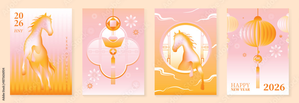 Happy Chinese New Year 2026 Year of the Horse greeting card vector set ...